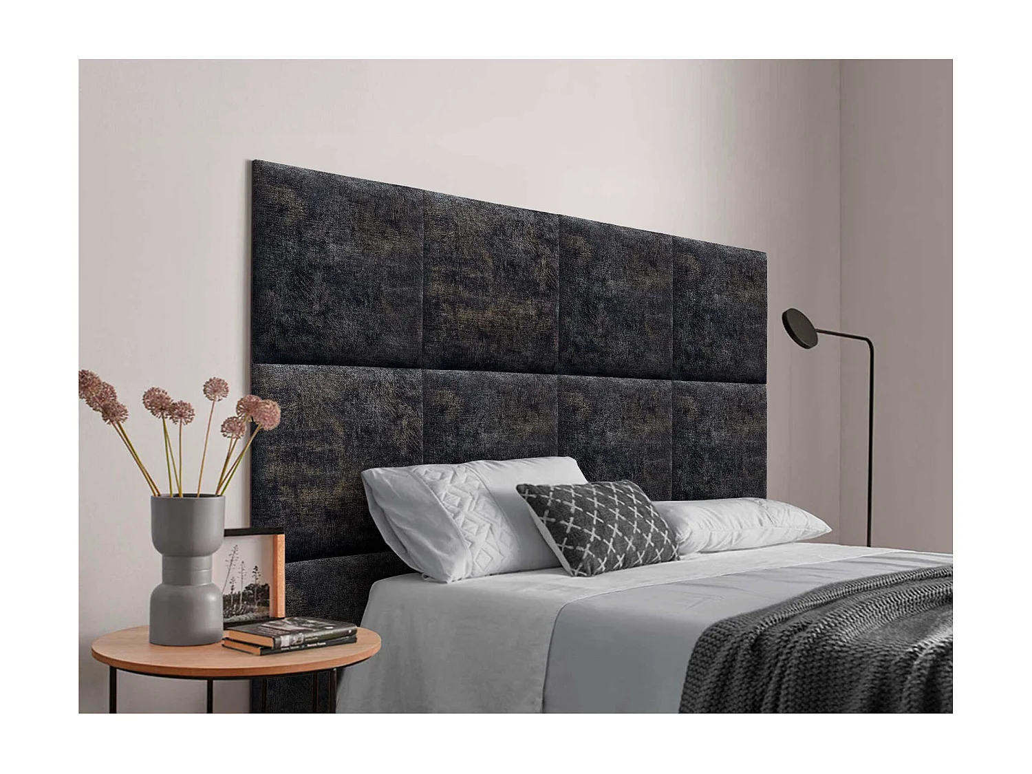 DHOME Tête de Lit Rembourrée Composée de Panneaux Autoadhésifs Interchangeables Série Luxury Edition Lit de Luxe Chambre (Luxurious Black, 220cm)