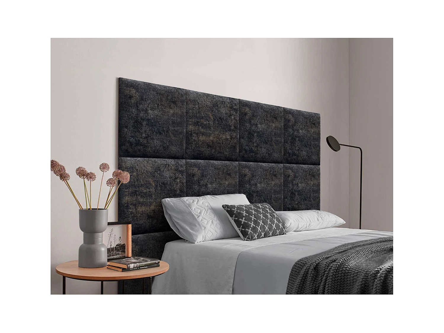 DHOME Tête de Lit Rembourrée Composée de Panneaux Autoadhésifs Interchangeables Série Luxury Edition Lit de Luxe Chambre (Luxurious Black, 180cm)