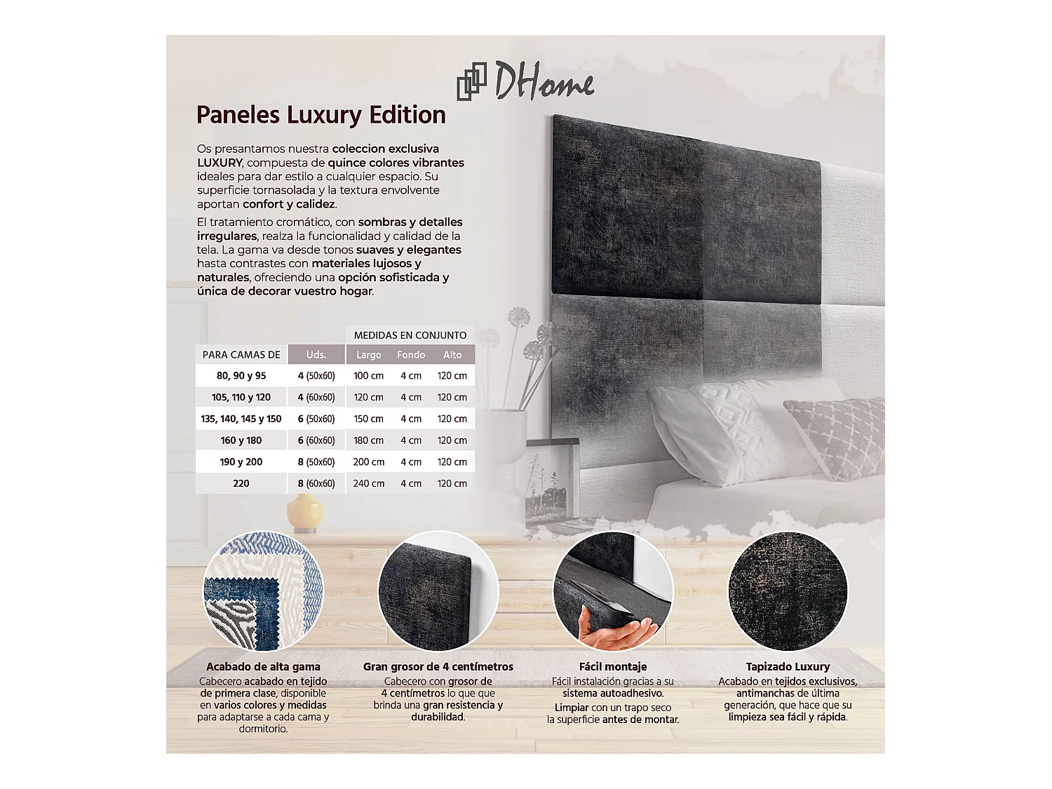 DHOME Tête de Lit Rembourrée Composée de Panneaux Autoadhésifs Interchangeables Série Luxury Edition Lit de Luxe Chambre (Luxurious Black, 180cm)