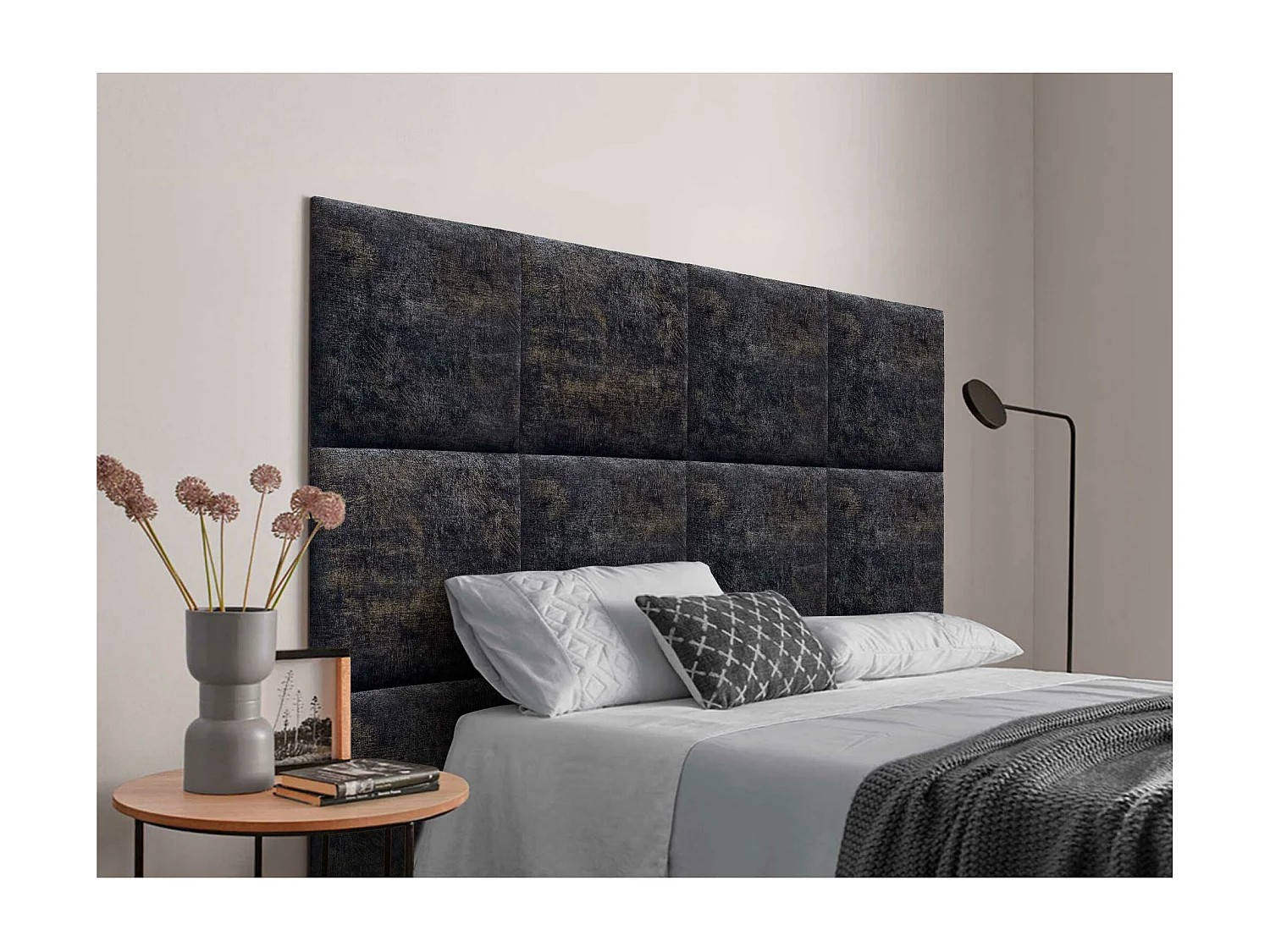 DHOME Tête de Lit Rembourrée Composée de Panneaux Autoadhésifs Interchangeables Série Luxury Edition Lit de Luxe Chambre (Luxurious Black, 180cm)
