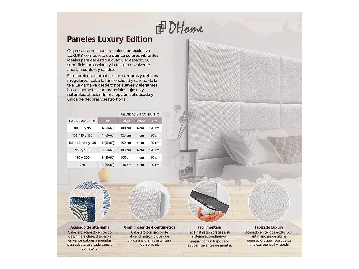DHOME Tête de Lit Rembourrée Composée de Panneaux Autoadhésifs Interchangeables Série Luxury Edition Lit de Luxe Chambre (Silver Nacar, 220cm)
