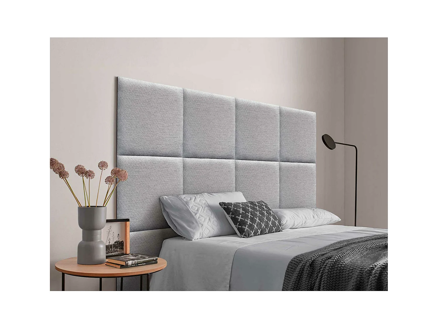 DHOME Cabecero Tapizado Compuesto de Paneles Autoadhesivos Intercambiables Serie Luxury Edition Cama Lujo Dormitorio (Silver Grey, 145cm)
