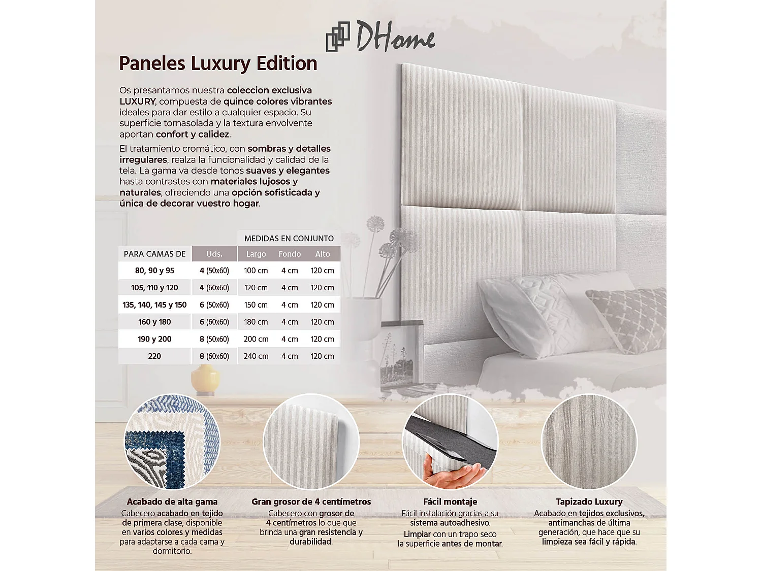 DHOME Tête de Lit Rembourrée Composée de Panneaux Autoadhésifs Interchangeables Série Luxury Edition Lit de Luxe Chambre (Cream, 105cm)