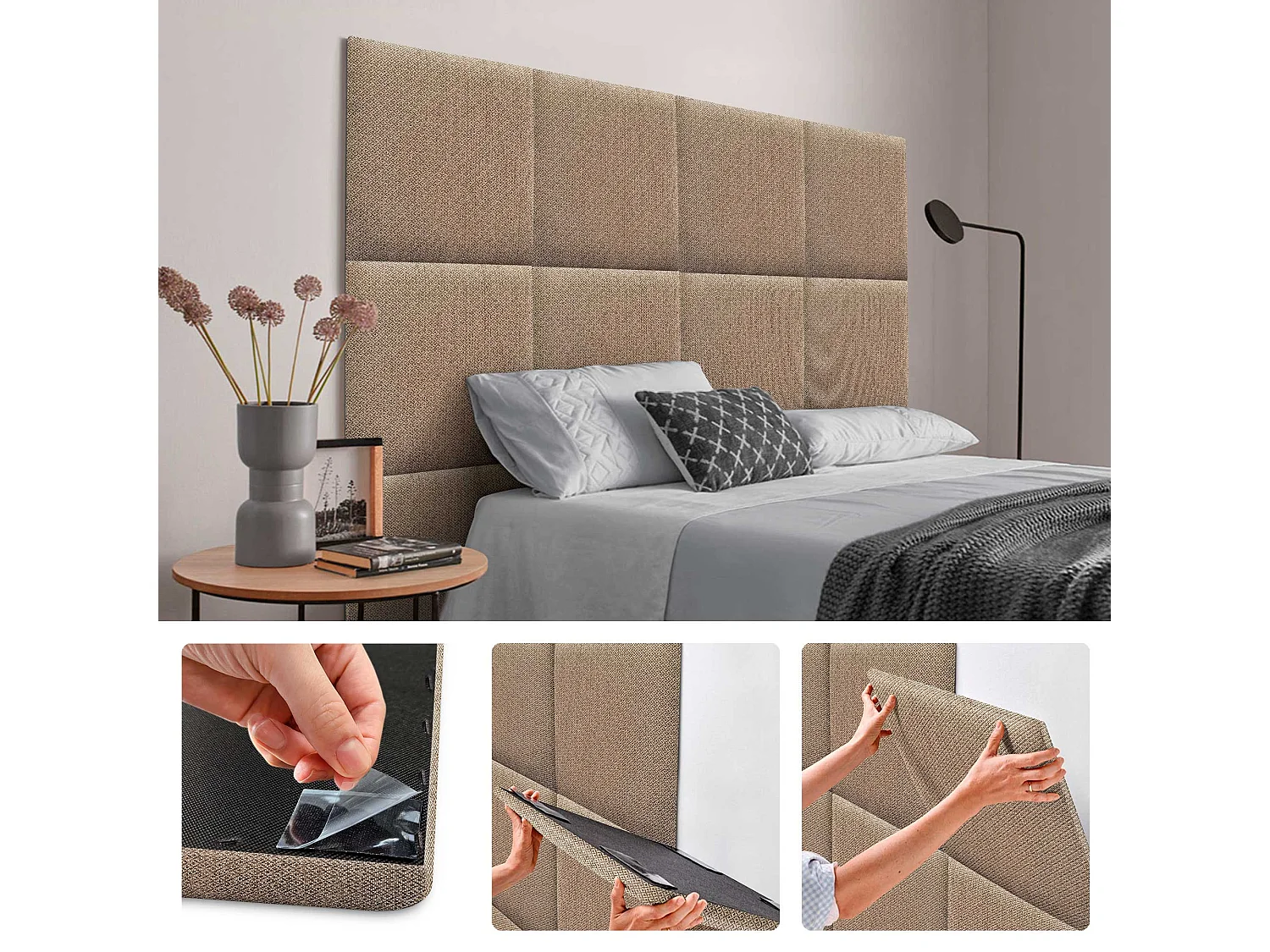 DHOME Ensemble de 6 Panneaux Tapissés en Tissu de Luxe Pack Autoadhésif pour Mur Acoustique Absorbant et Protecteur (Golden Wood, 60x40cm, x6)
