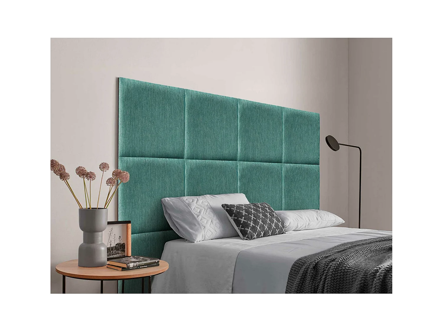 DHOME Cabecero Tapizado Compuesto de Paneles Autoadhesivos Intercambiables Serie Luxury Edition Cama Lujo Dormitorio (Lineal Green, 95cm)
