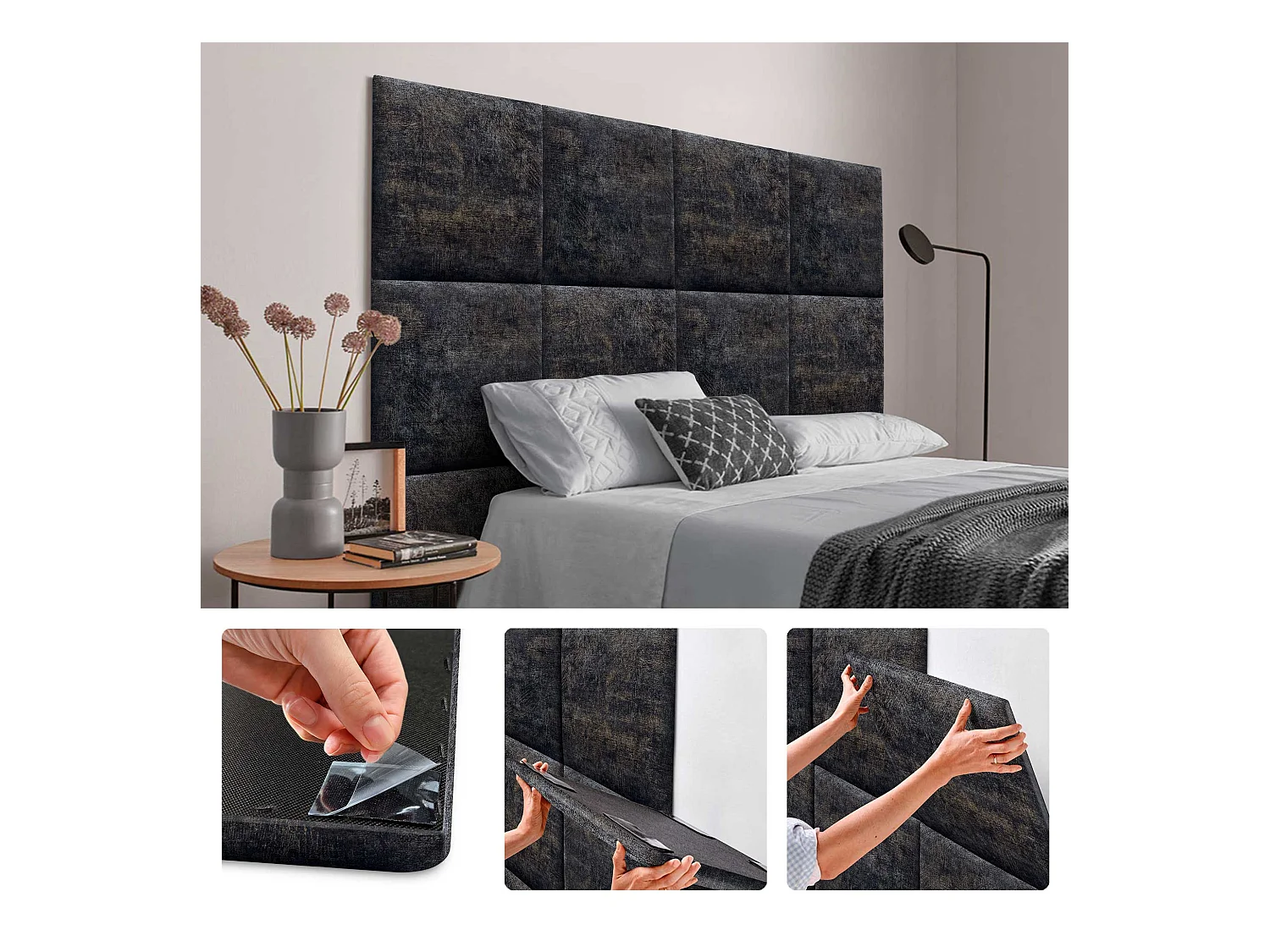 DHOME Ensemble de 6 Panneaux Tapissés en Tissu de Luxe Pack Autoadhésif pour Mur Acoustique Absorbant et Protecteur (Luxurious Black, 60x40cm, x6)