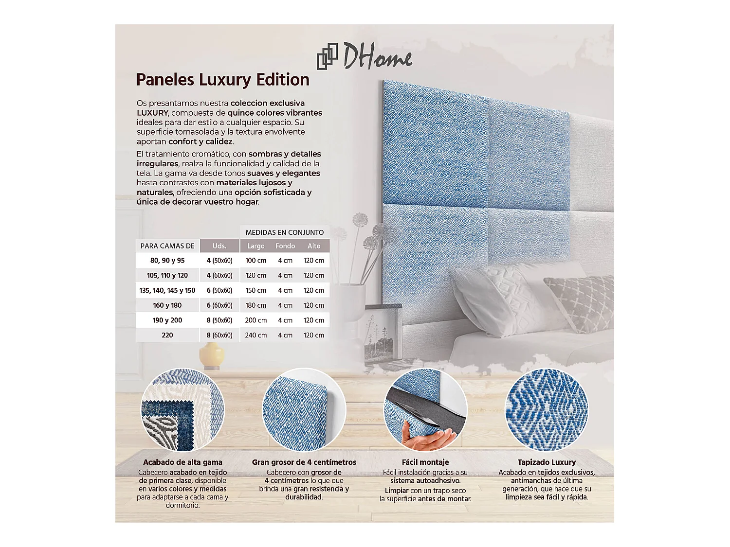 DHOME Tête de Lit Rembourrée Composée de Panneaux Autoadhésifs Interchangeables Série Luxury Edition Lit de Luxe Chambre (Ethnic Blue, 150cm)