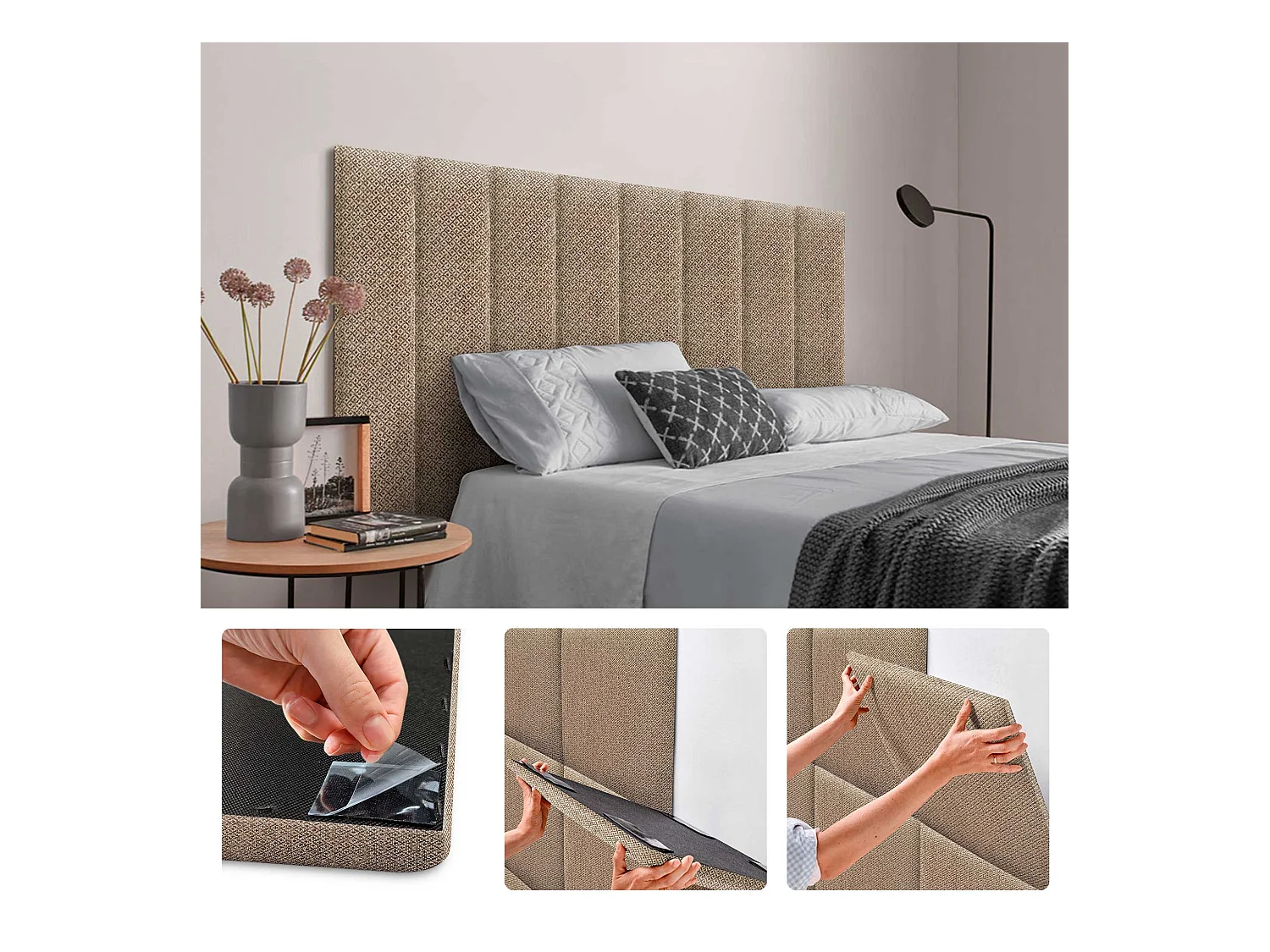 DHOME Set di 6 Pannelli Imbottiti in Tessuto di Lusso Pacchetto Autoadesivo per Pareti Assorbente Acustico e Protettivo (Golden Wood, 60x20cm, x6)