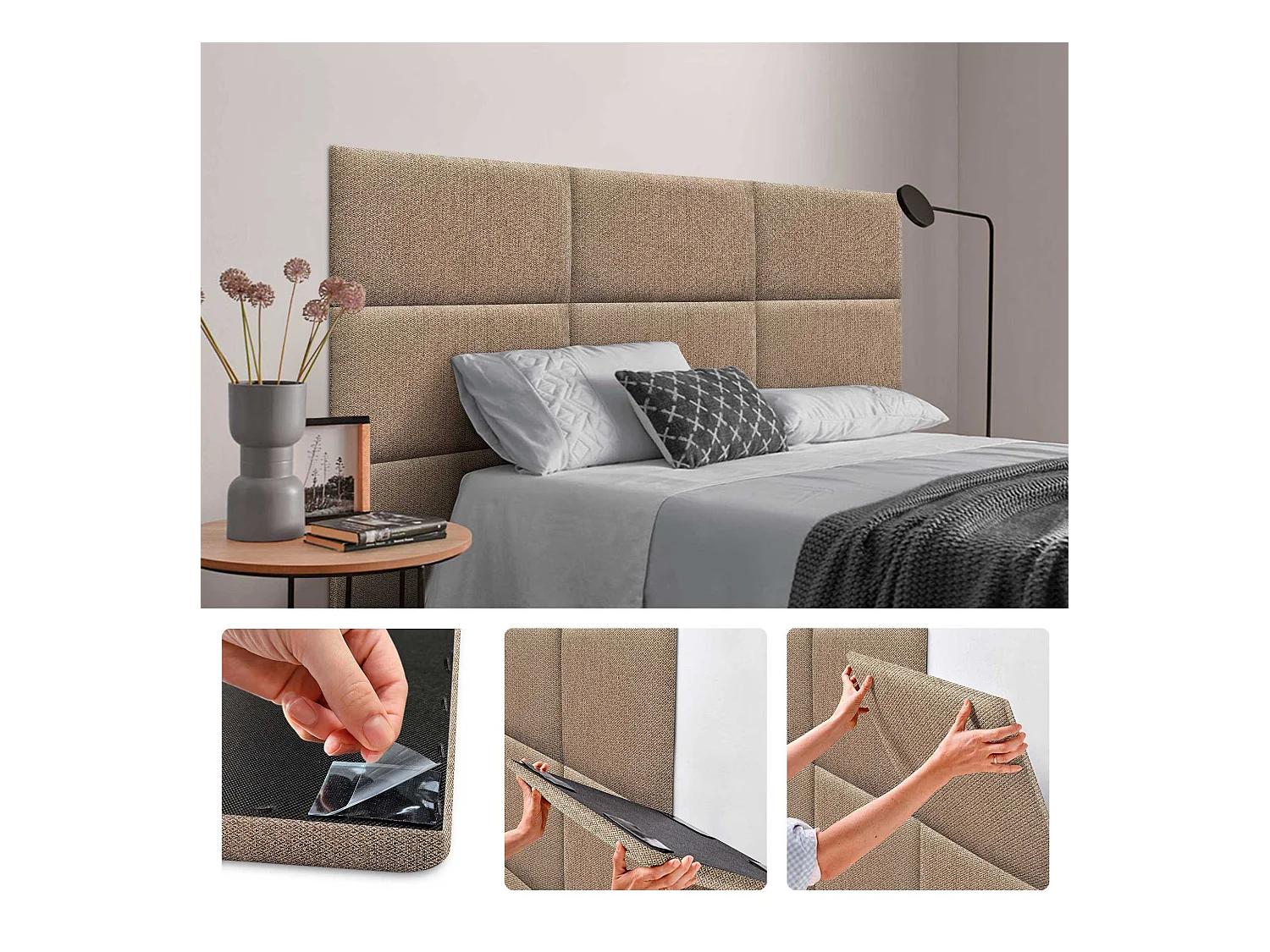 DHOME Ensemble de 8 Panneaux Tapissés en Tissu de Luxe Pack Autoadhésif pour Mur Acoustique Absorbant et Protecteur (Golden Wood, 60x60cm, x8)