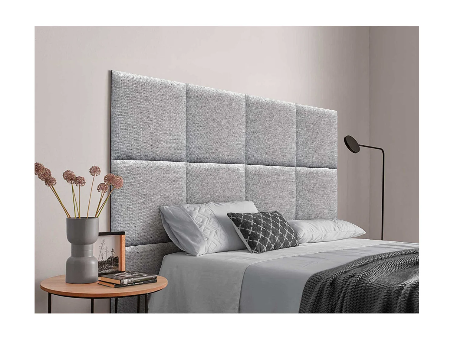 DHOME Tête de Lit Rembourrée Composée de Panneaux Autoadhésifs Interchangeables Série Luxury Edition Lit de Luxe Chambre (Silver Grey, 95cm)