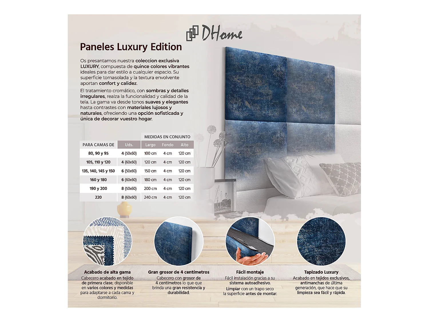 DHOME Tête de Lit Rembourrée Composée de Panneaux Autoadhésifs Interchangeables Série Luxury Edition Lit de Luxe Chambre (Luxurious Blue, 105cm)