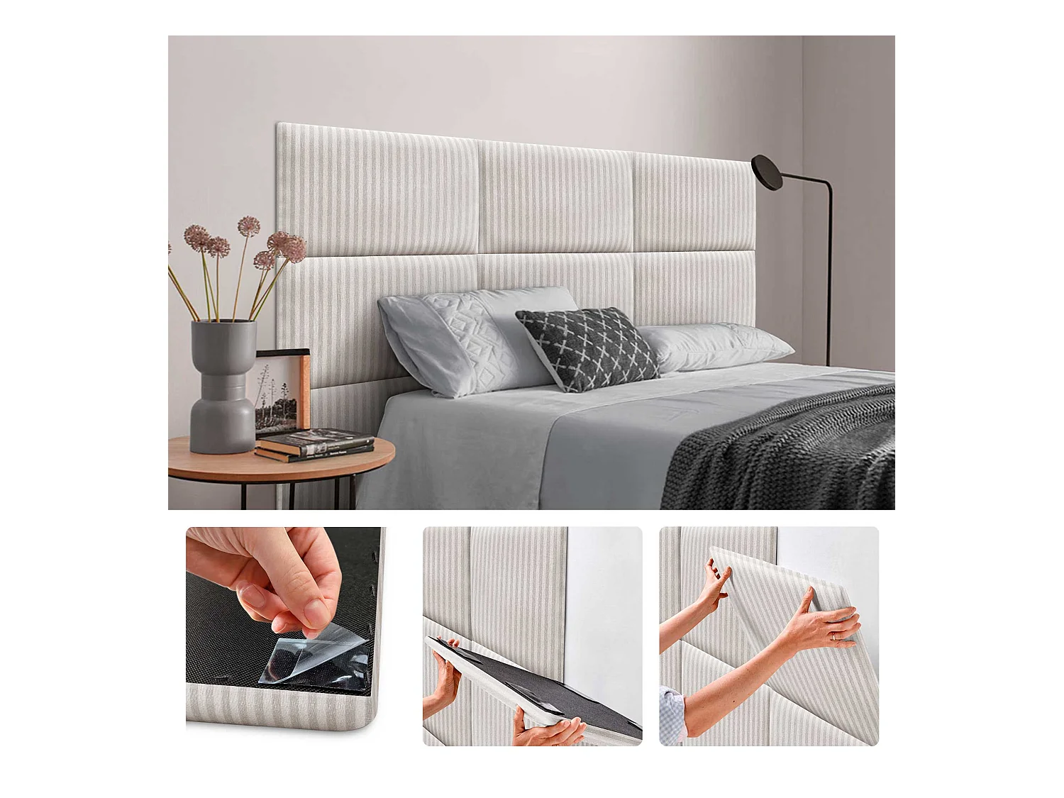 DHOME Set di 8 Pannelli Imbottiti in Tessuto di Lusso Pacchetto Autoadesivo per Pareti Assorbente Acustico e Protettivo (Cream, 50x40cm, x8)