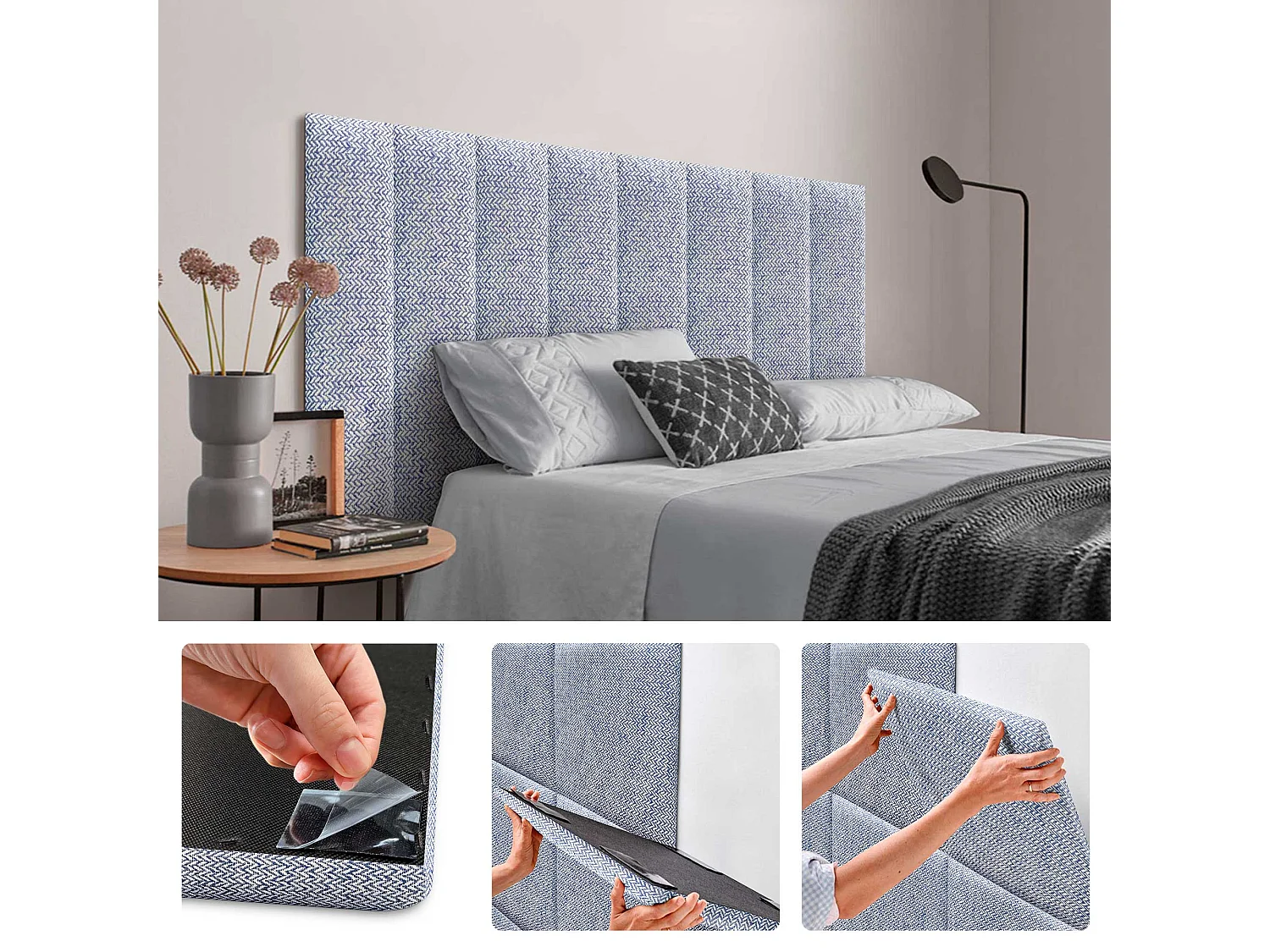 DHOME Ensemble de 8 Panneaux Tapissés en Tissu de Luxe Pack Autoadhésif pour Mur Acoustique Absorbant et Protecteur (Épis bleus, 60x30cm, x8)