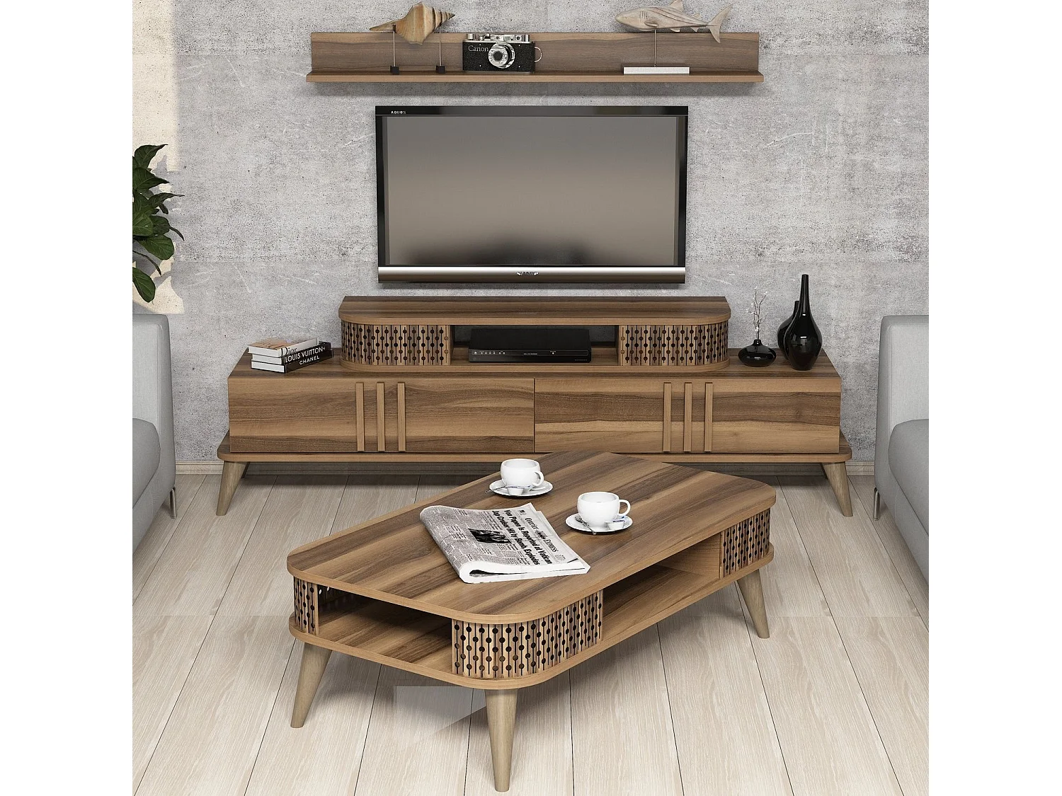 Ensemble meuble TV et table basse et étagère Chanez Bois Naturel
