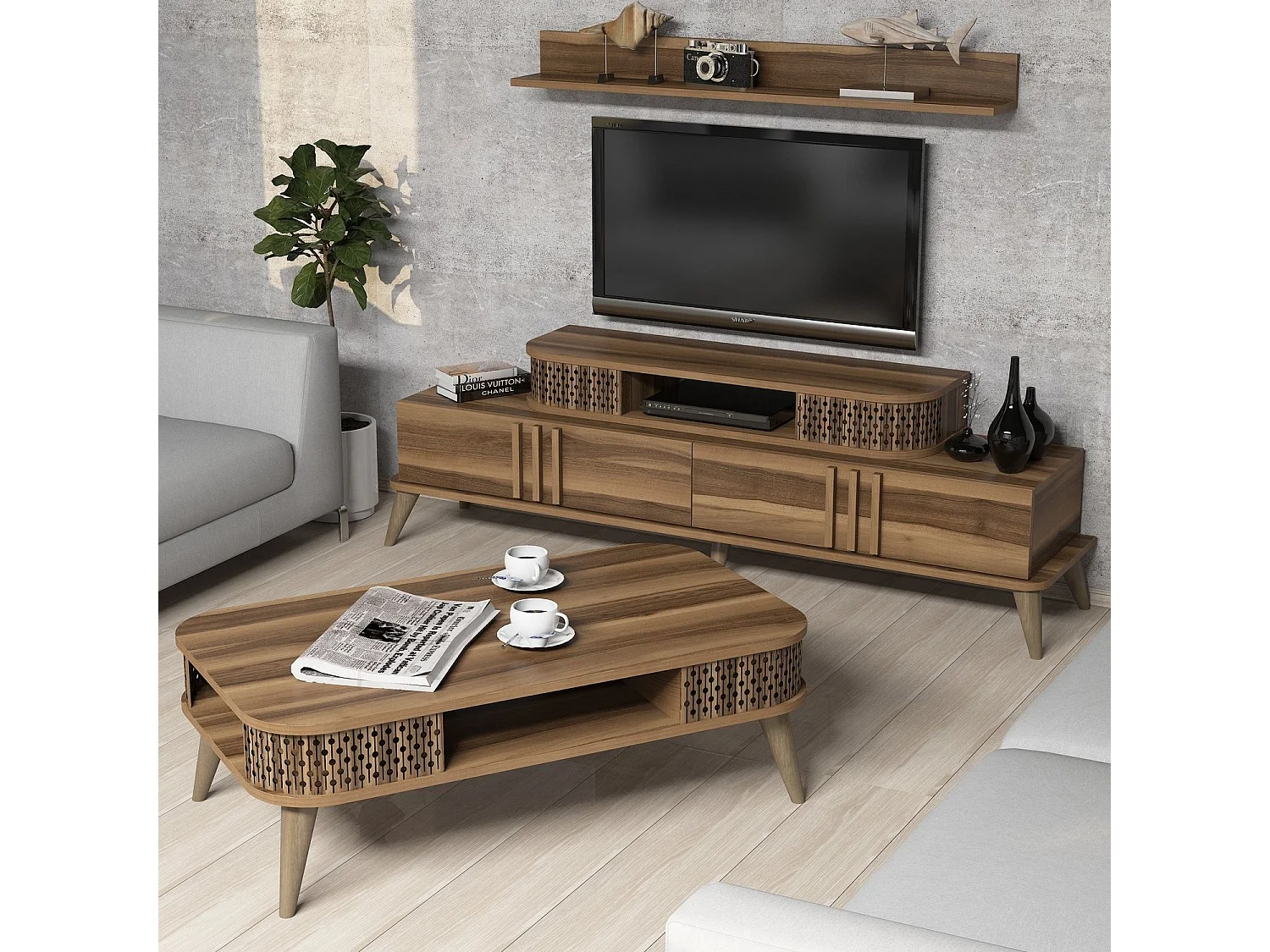 Ensemble meuble TV et table basse et étagère Chanez Bois Naturel