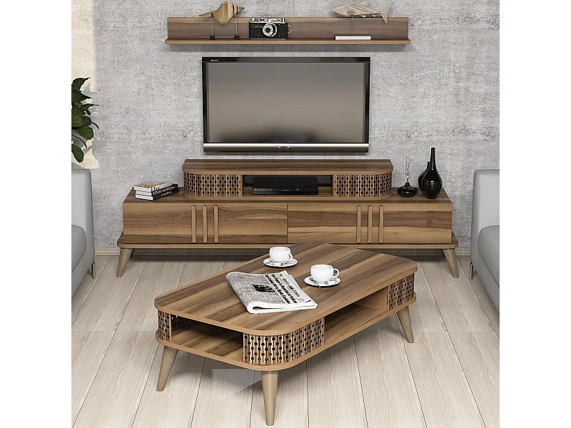 Ensemble meuble TV et table basse et étagère Chanez Bois Naturel