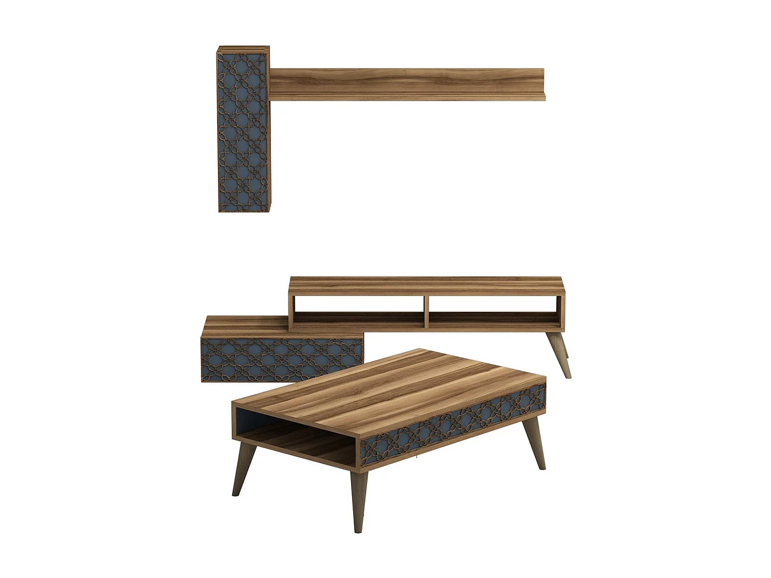 Ensemble meuble de salon Atho 3 pièces Motif Arabesque Bois foncé et Bleu