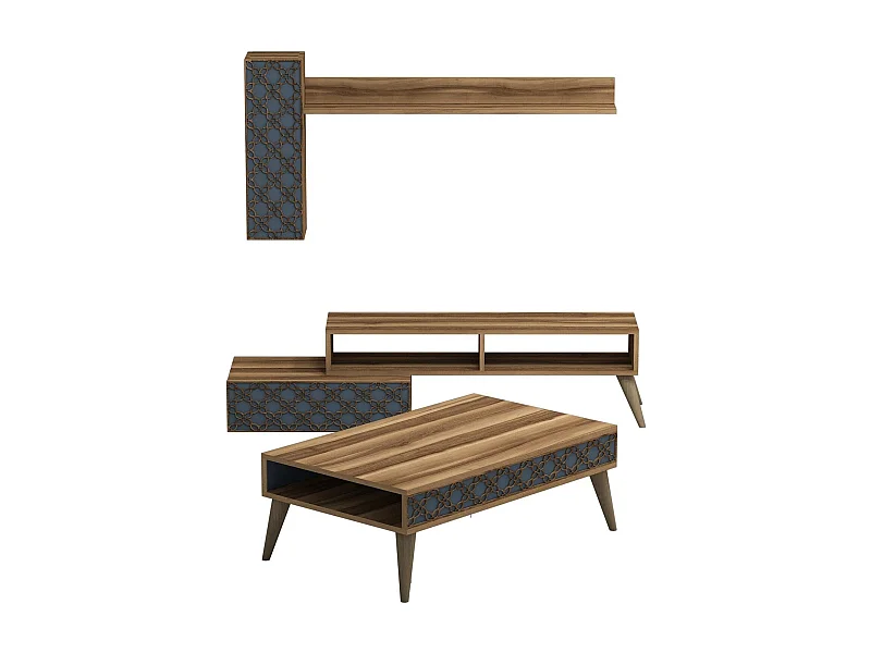 Ensemble meuble de salon Atho 3 pièces Motif Arabesque Bois foncé et Bleu