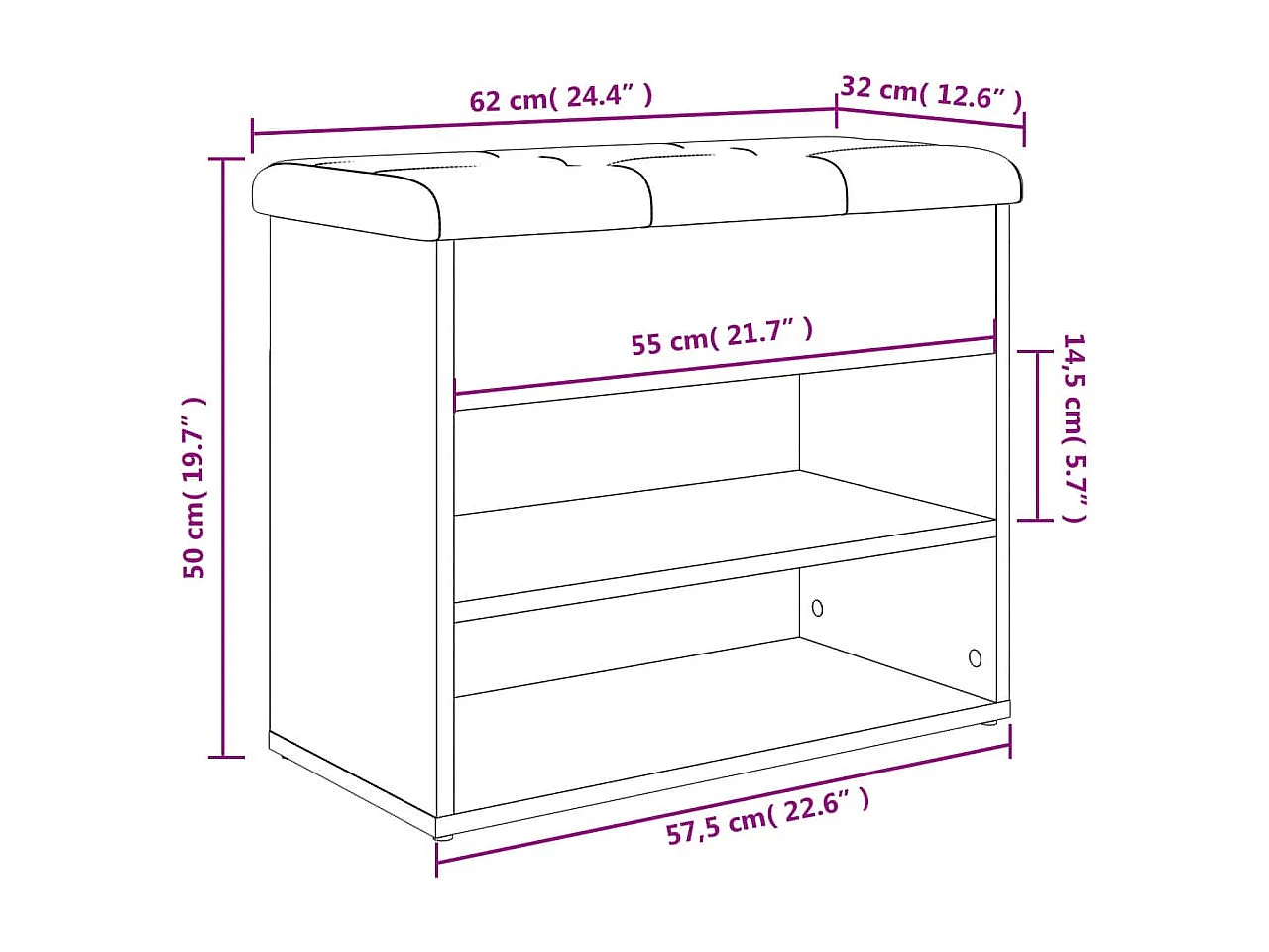 Ławka na buty dęb Sonoma 62x32x50 cm - Drewno inżynieryjne - Duża przestrzeń do przechowywania - Wygodne siedzisko