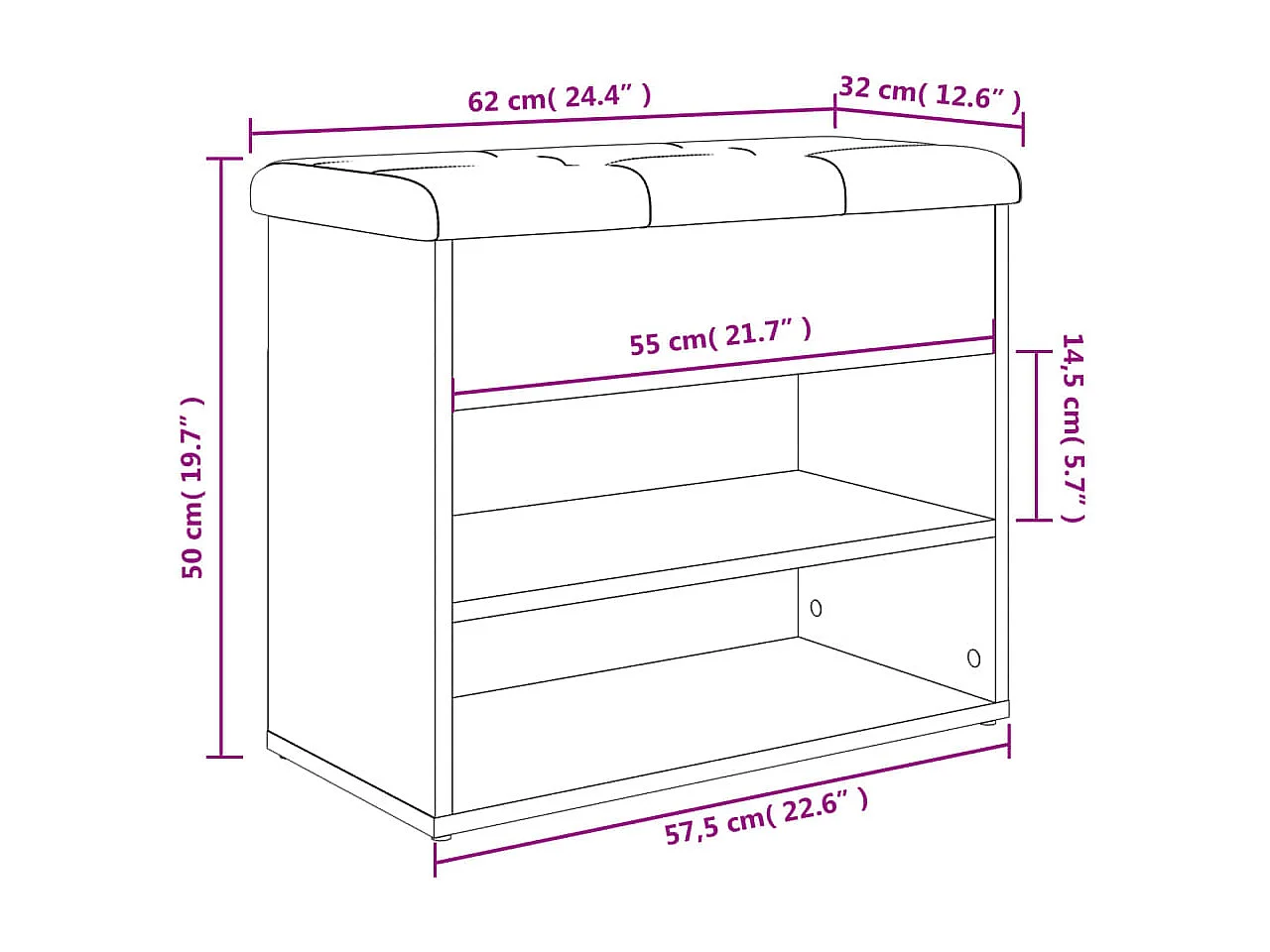 Schoenenbankje 62x32x50 cm bewerkt hout gerookt eikenkleurig
