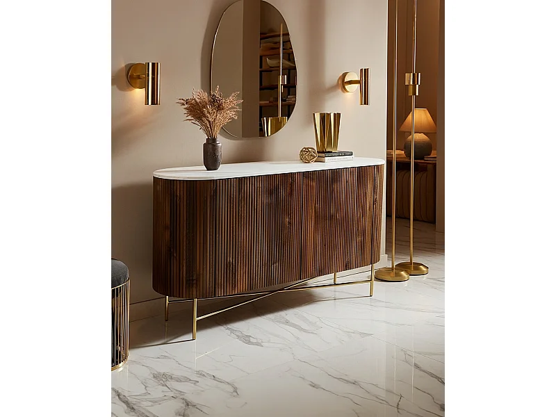 Céline - Enfilade en bois massif avec plateau en marbre blanc 145 cm