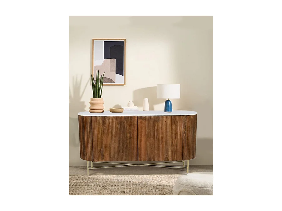 Céline - Enfilade en bois massif avec plateau en marbre blanc 145 cm