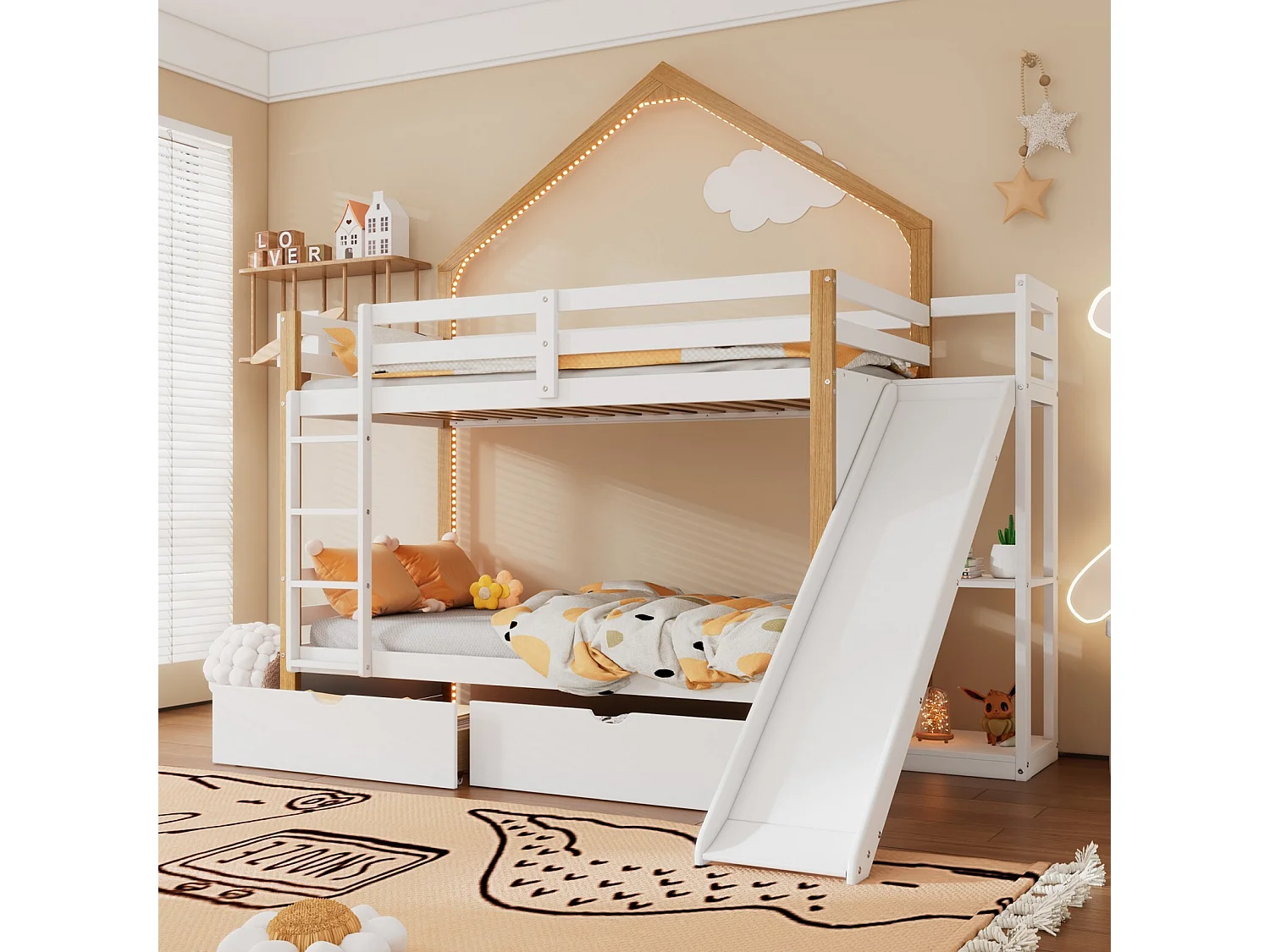 Lits superposés 2 x 90 x 200 cm - 2 tiroirs - avec LED - toboggan - Pin + MDF - Blanc + nature