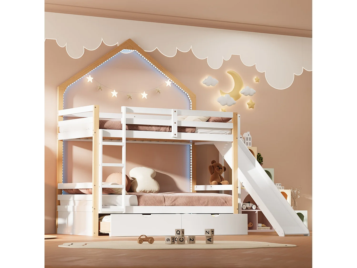 Lits superposés 2 x 90 x 200 cm - 2 tiroirs - avec LED - toboggan - Pin + MDF - Blanc + nature