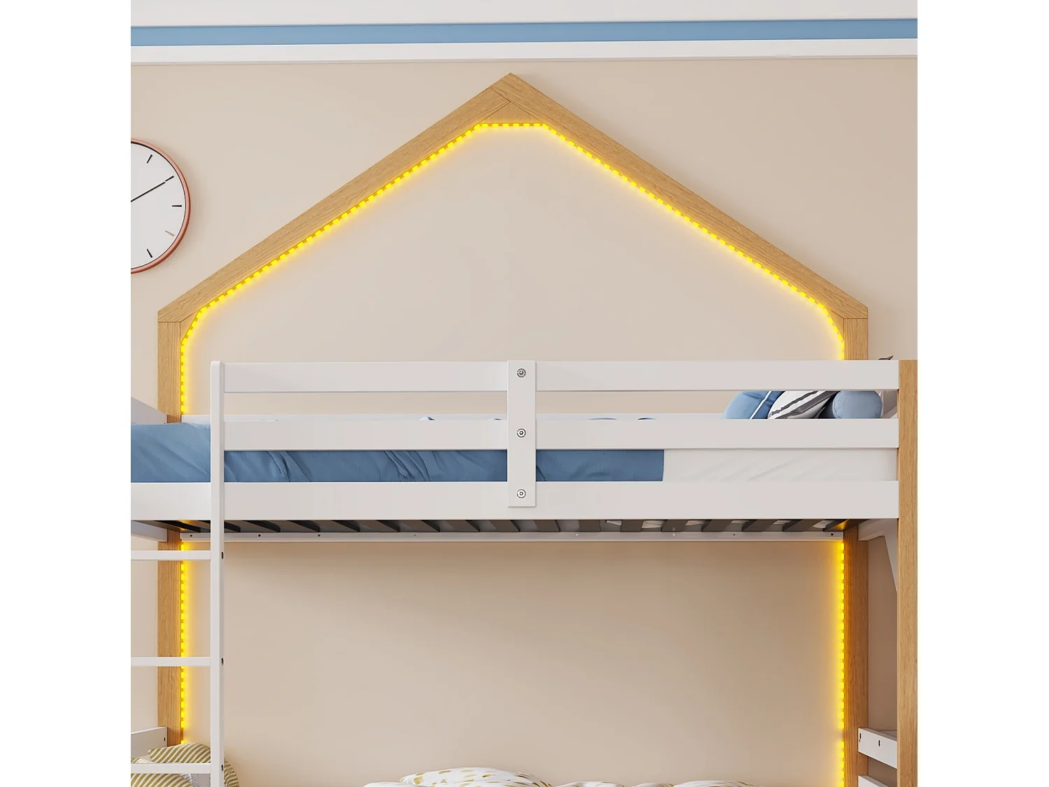 Lits superposés 2 x 90 x 200 cm - 2 tiroirs - avec LED - toboggan - Pin + MDF - Blanc + nature