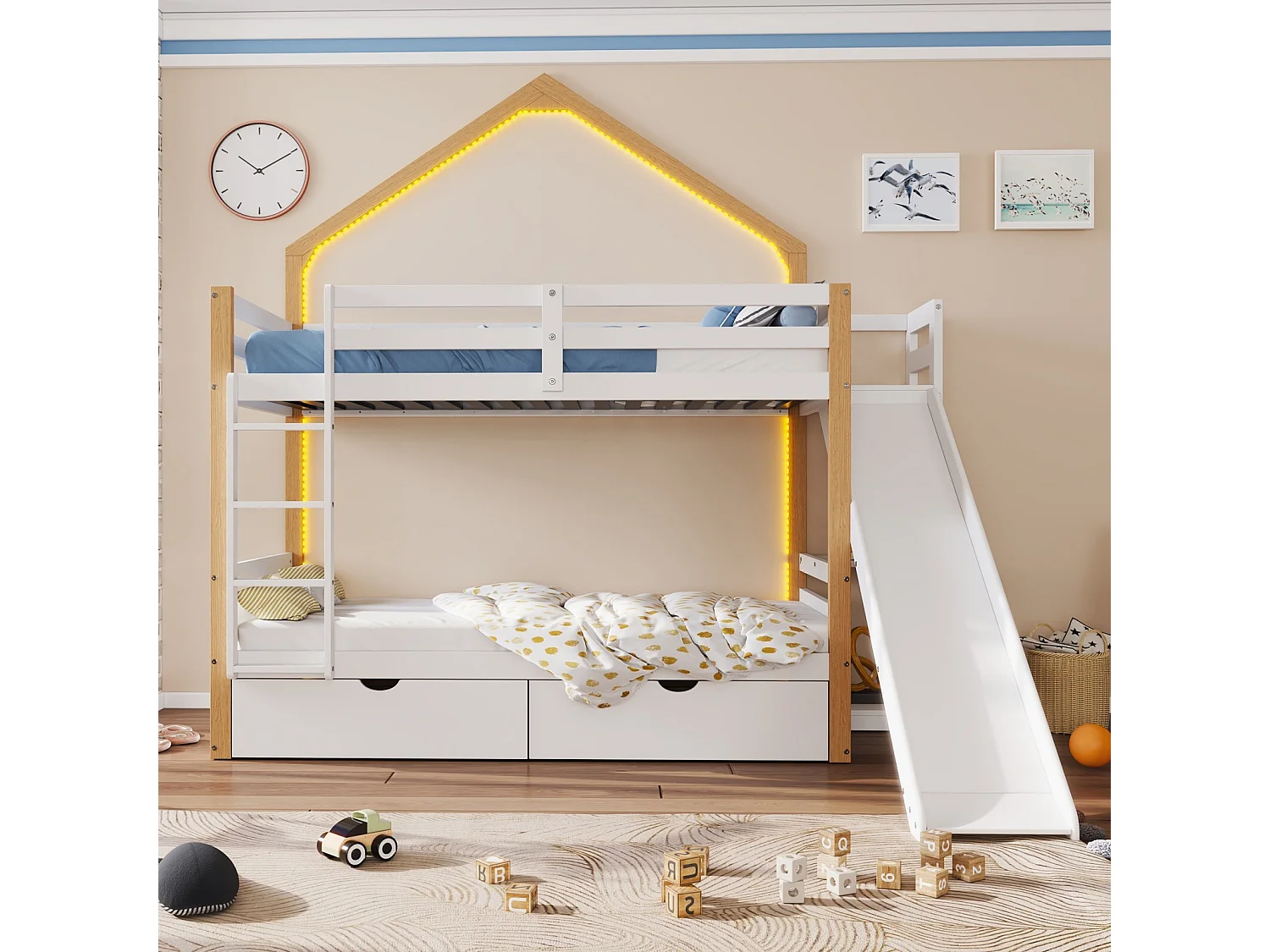 Lits superposés 2 x 90 x 200 cm - 2 tiroirs - avec LED - toboggan - Pin + MDF - Blanc + nature