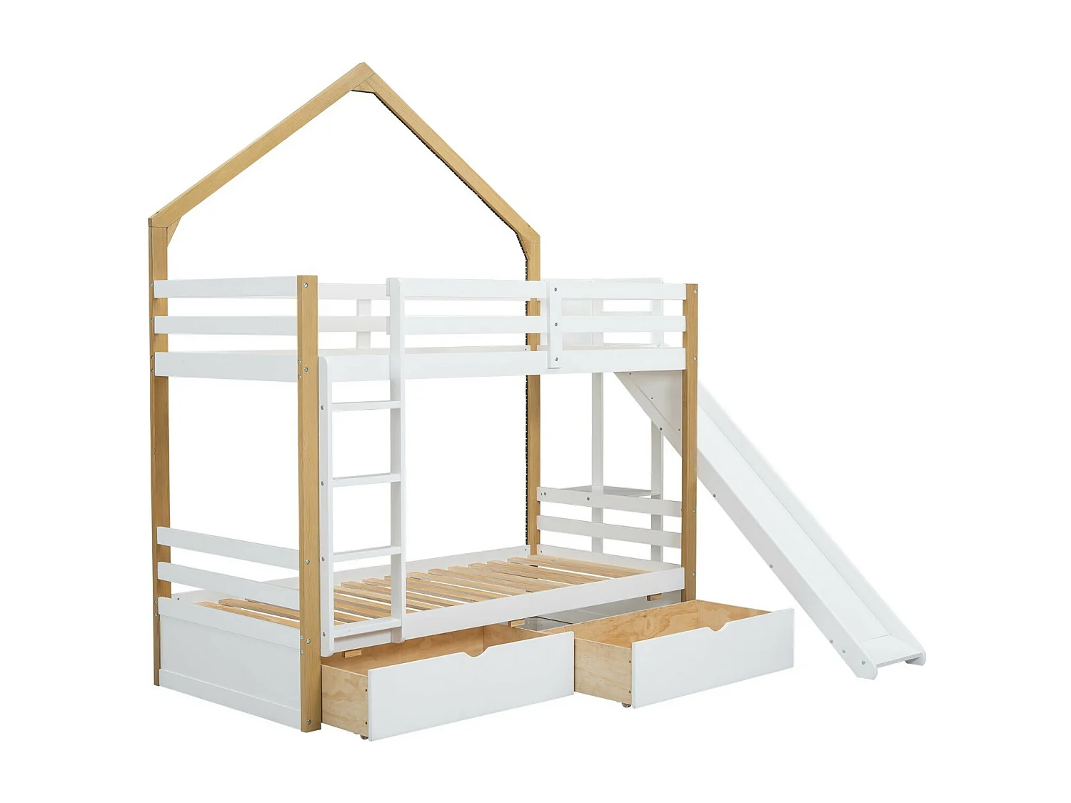 Lits superposés 2 x 90 x 200 cm - 2 tiroirs - avec LED - toboggan - Pin + MDF - Blanc + nature