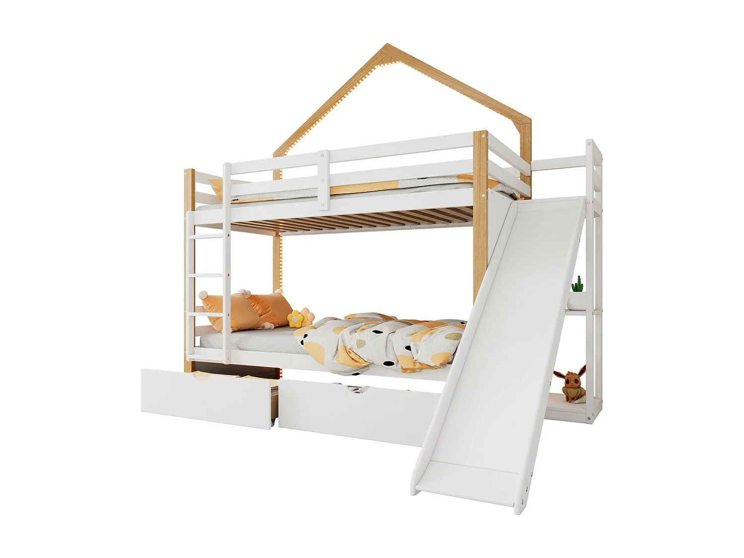 Lits superposés 2 x 90 x 200 cm - 2 tiroirs - avec LED - toboggan - Pin + MDF - Blanc + nature