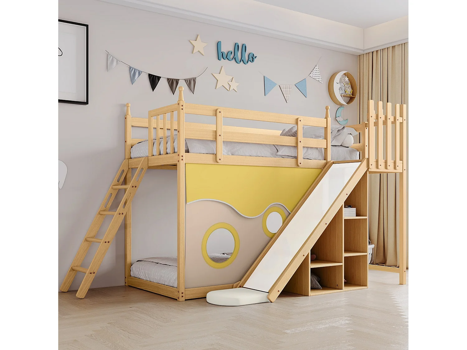 Lits superposés 2 x 90 x 200 cm avec rangements, escaliers, clôtures, rideau, toboggan - cadre en pin - Naturel et blanc