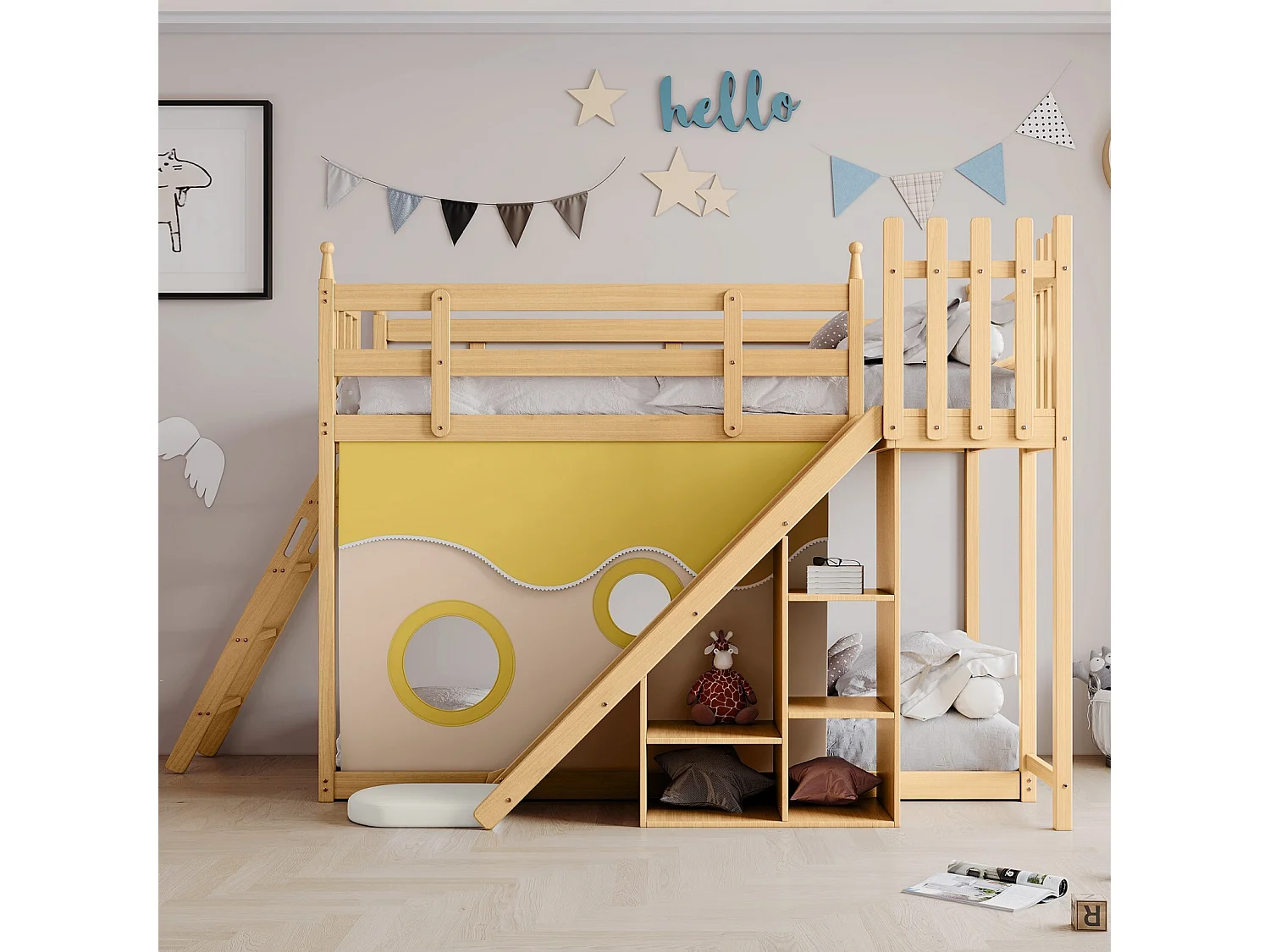 Lits superposés 2 x 90 x 200 cm avec rangements, escaliers, clôtures, rideau, toboggan - cadre en pin - Naturel et blanc