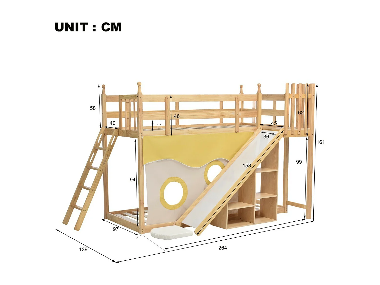 Lits superposés 2 x 90 x 200 cm avec rangements, escaliers, clôtures, rideau, toboggan - cadre en pin - Naturel et blanc