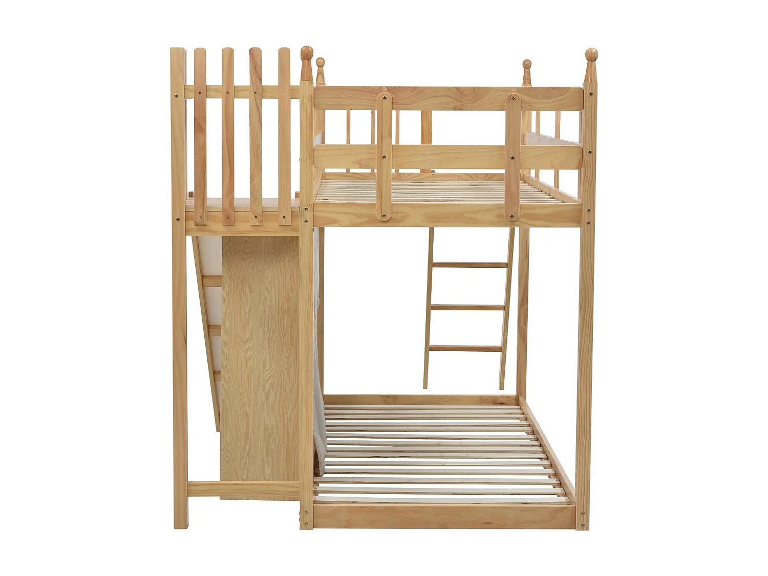 Lits superposés 2 x 90 x 200 cm avec rangements, escaliers, clôtures, rideau, toboggan - cadre en pin - Naturel et blanc
