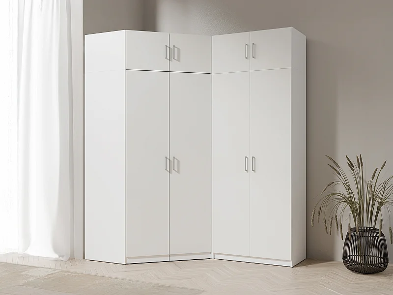 Eckkleiderschrank mit 4 Türen + Aufsatz - 209 cm - Weiß - BELOMY