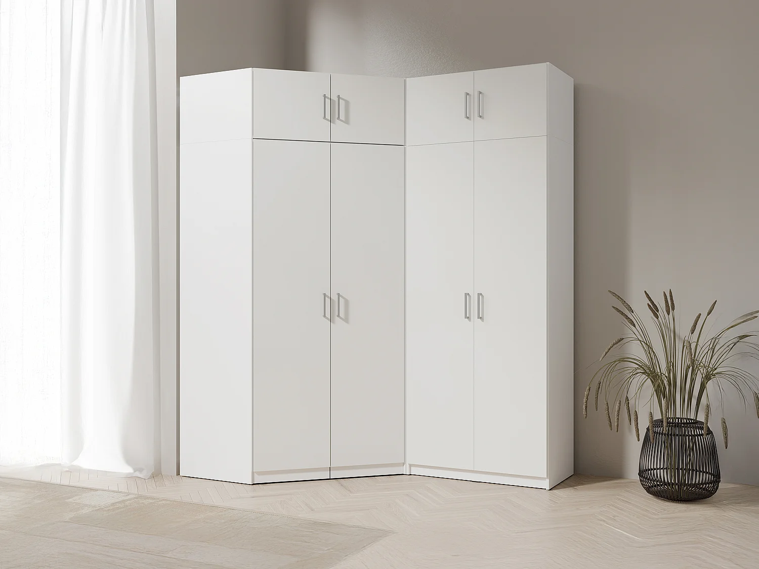Armoire d'angle 4 portes - L209 cm - Blanc + Réhausses - BELOMY