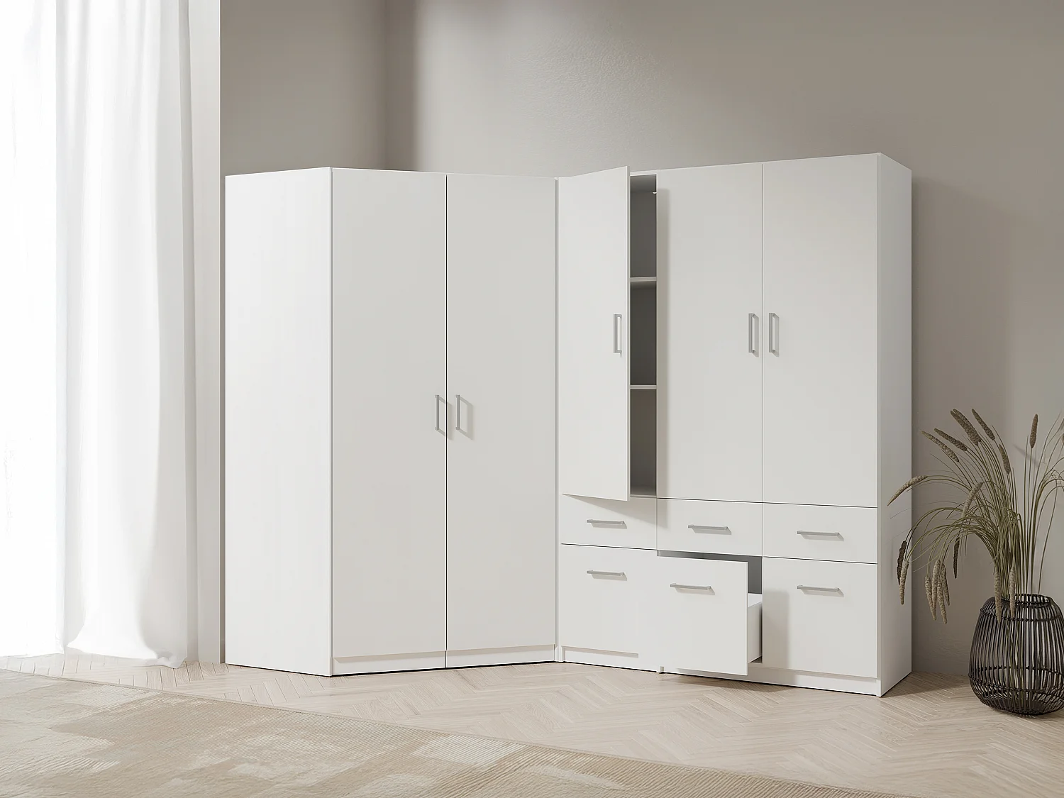 Armoire d'angle 5 portes et 6 tiroirs - L254 cm - Blanc - BELOMY