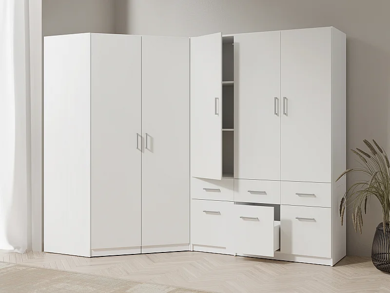 Armoire d'angle 5 portes et 6 tiroirs - L254 cm - Blanc - BELOMY