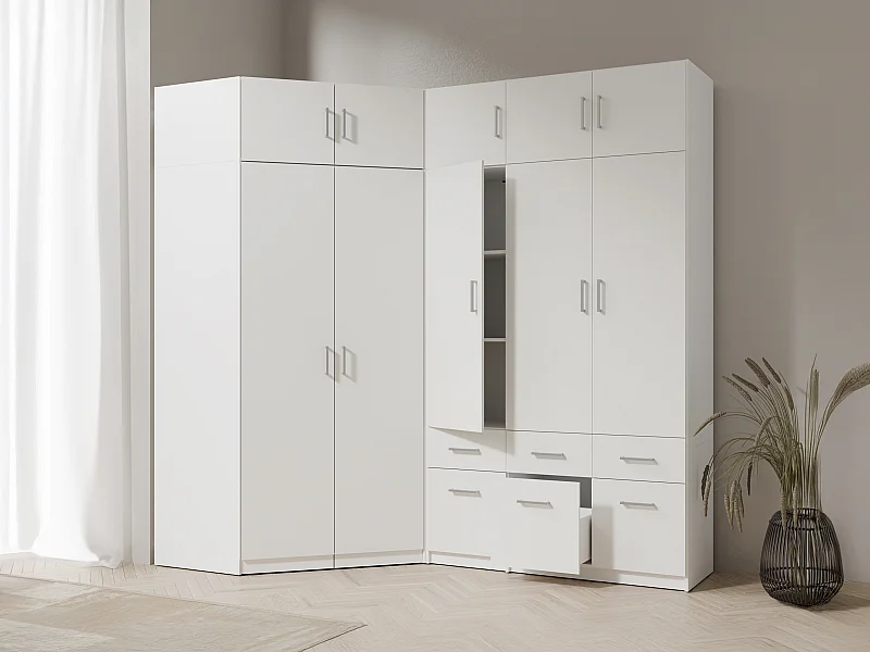 Szafa narożna 5-drzwiowa z 6 szufladami - szer. 254 cm - Biały + Nadstawki - BELOMY