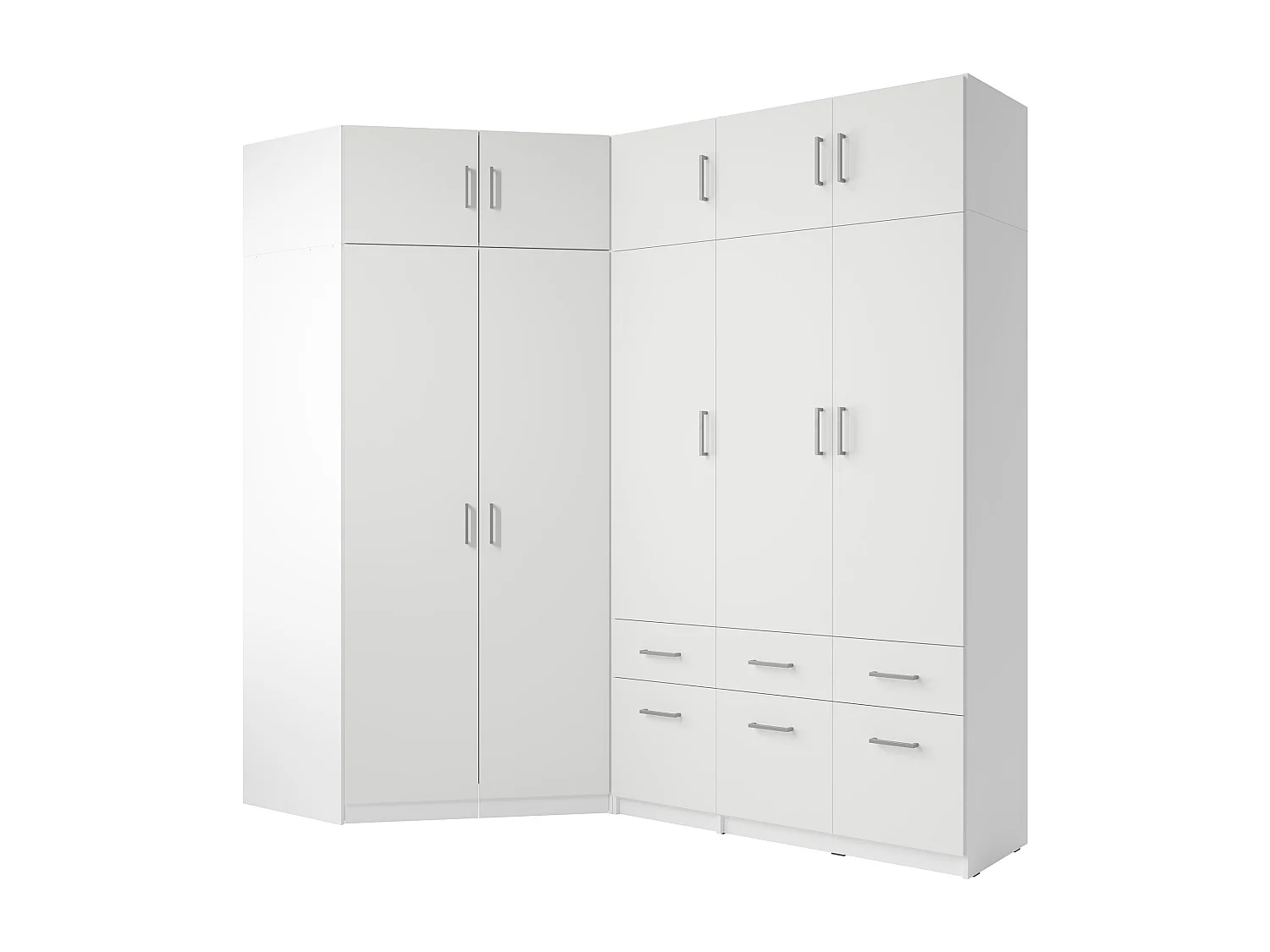 Eckkleiderschrank mit 5 Türen & 6 Schubladen + Aufsatz - 254 cm - Weiß - BELOMY