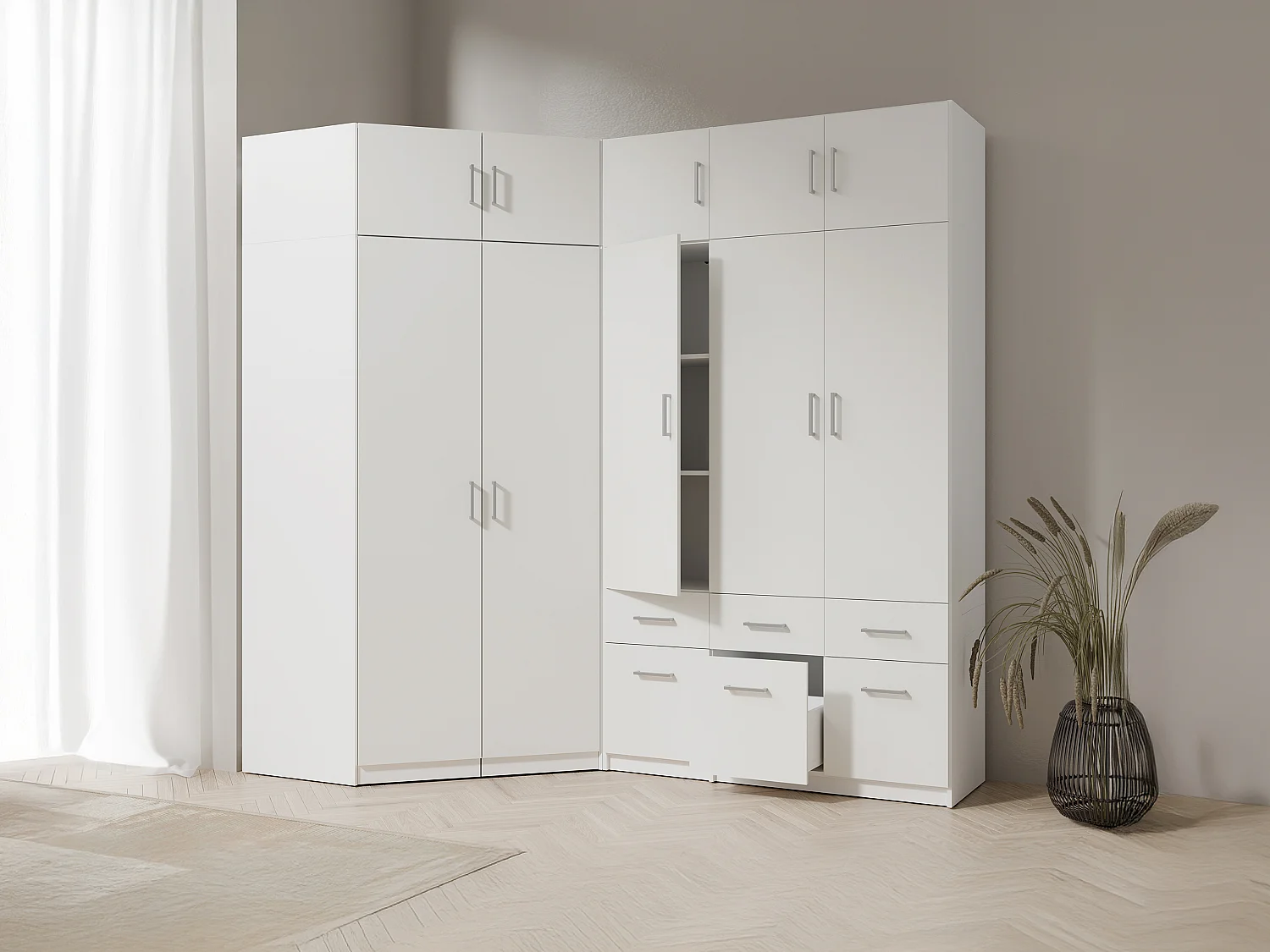 Armoire d'angle 5 portes et 6 tiroirs - L254 cm - Blanc + Réhausses - BELOMY