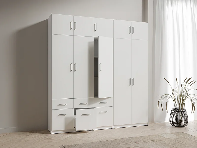 Szafa 5-drzwiowa z 6 szufladami - szer. 228 cm - Biały + Nadstawki - BELOMY