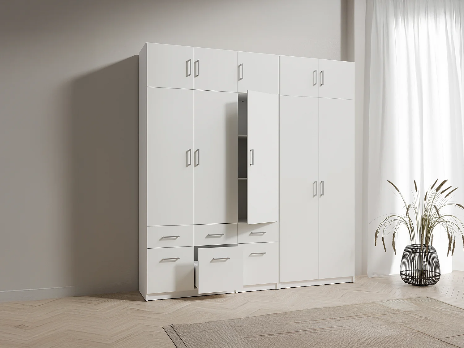 Armoire 5 portes et 6 tiroirs - L228 cm - Blanc + Réhausses - BELOMY