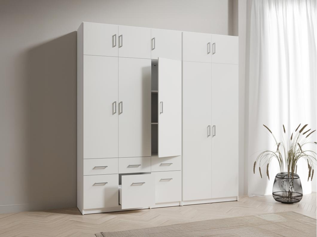 Armoire 5 portes et 6 tiroirs - L228 cm - Blanc + Réhausses - BELOMY