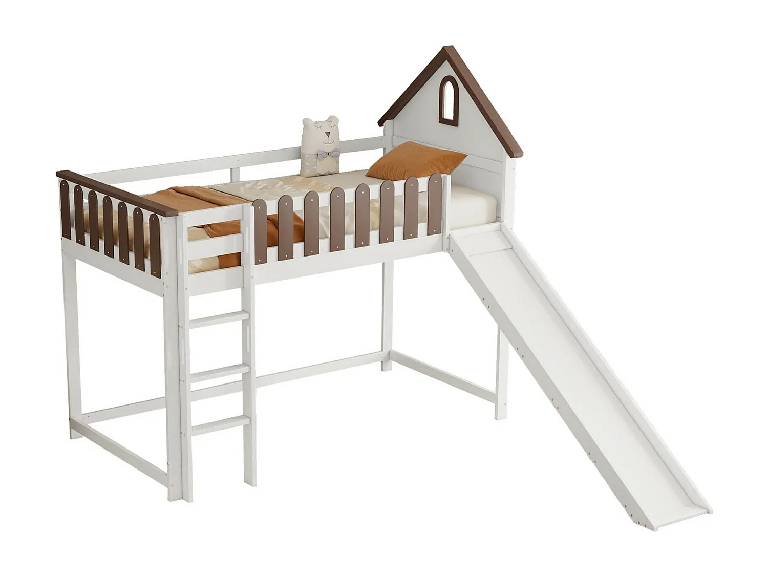 Mezzaninbett 90 x 200 cm - mit Dach und Fenster - Schlitten - Pin + MDF, weiß