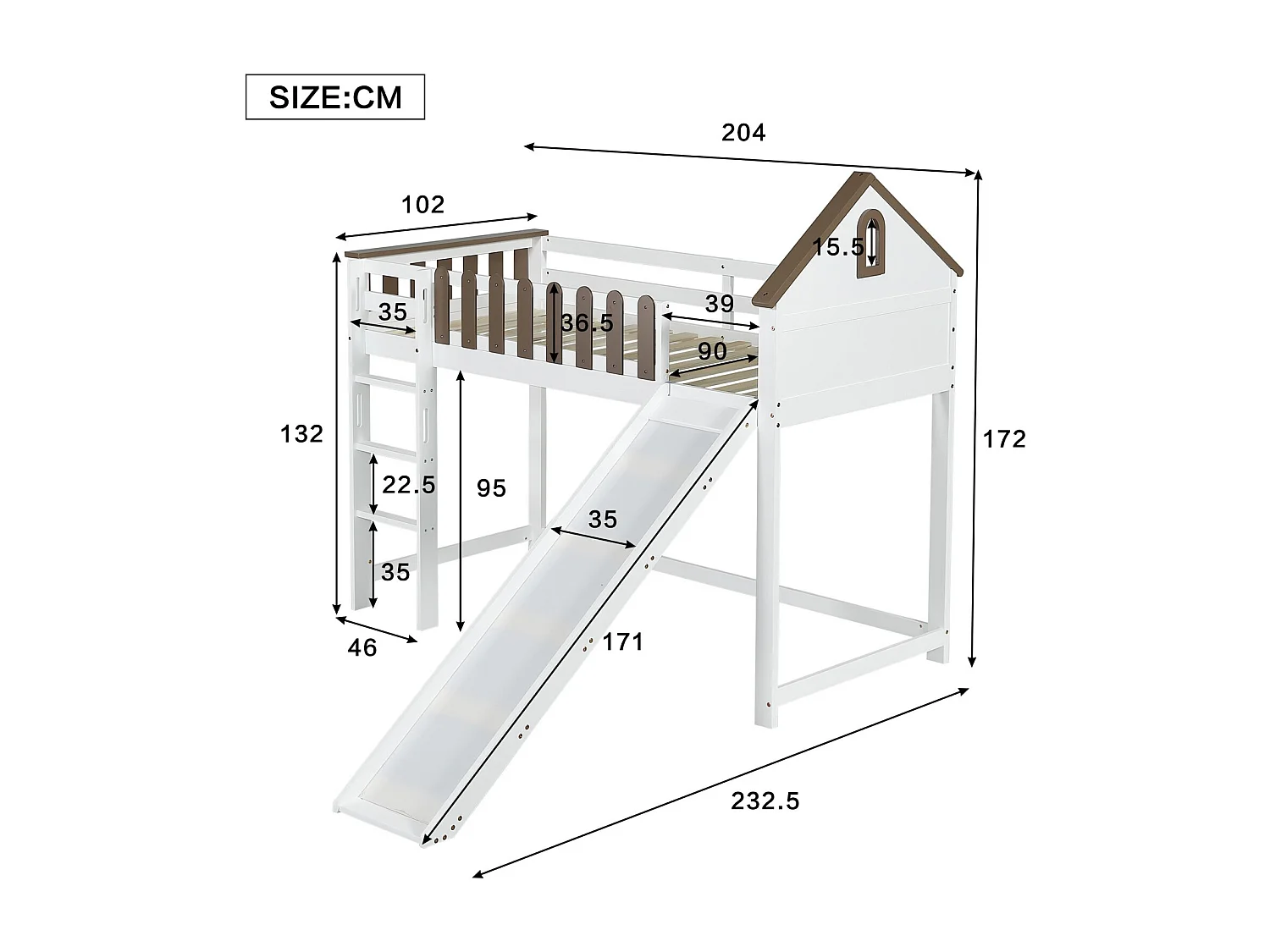 Mezzanine Bed 90 x 200 cm - con techo y ventana - Diapositivas - Pin + MDF, blanco