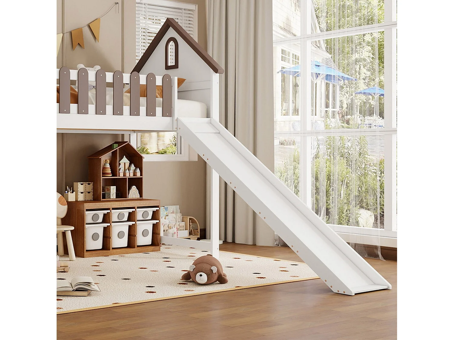 Mezzanine Bed 90 x 200 cm - con techo y ventana - Diapositivas - Pin + MDF, blanco