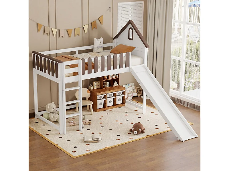 Mezanine Bed 90 x 200 cm - com telhado e janela - slide - pino + mdf, branco